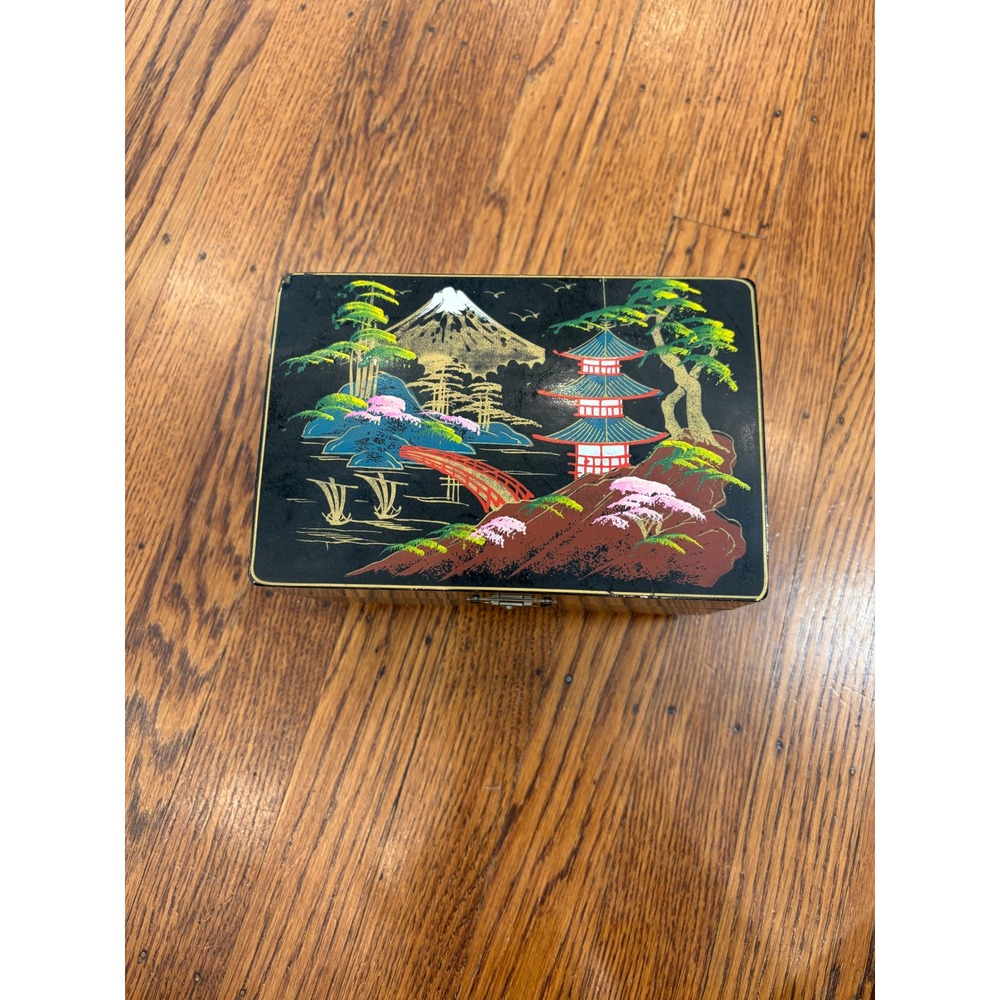 Vintage Japanese Lacquer Music Jewelry Box Ballerina Mt Fuji Pagoda Black Red